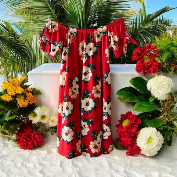 Derek Heart Red Floral Print On-Off Shoulder Super Soft Dress - Picture 12 of 13
